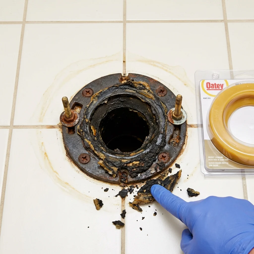 Failed wax ring showing water seepage at the base of a toilet in a Wilton, CT home