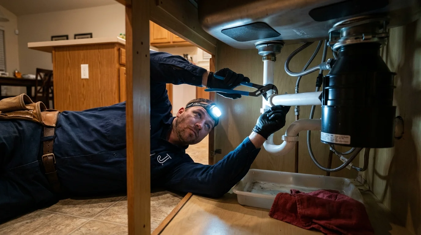 P-trap and supply line connections under a kitchen sink showing a common leak point in Wilton, CT